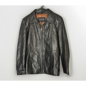 Wilsons Leather Pelle Studio Womens Large 100% Leather Black Zip Jacket Minimal